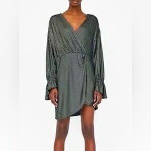 Zara Size S Faux Wrap Gold And Blue Metallic Asymmetrical Dress Long Sleeve D1